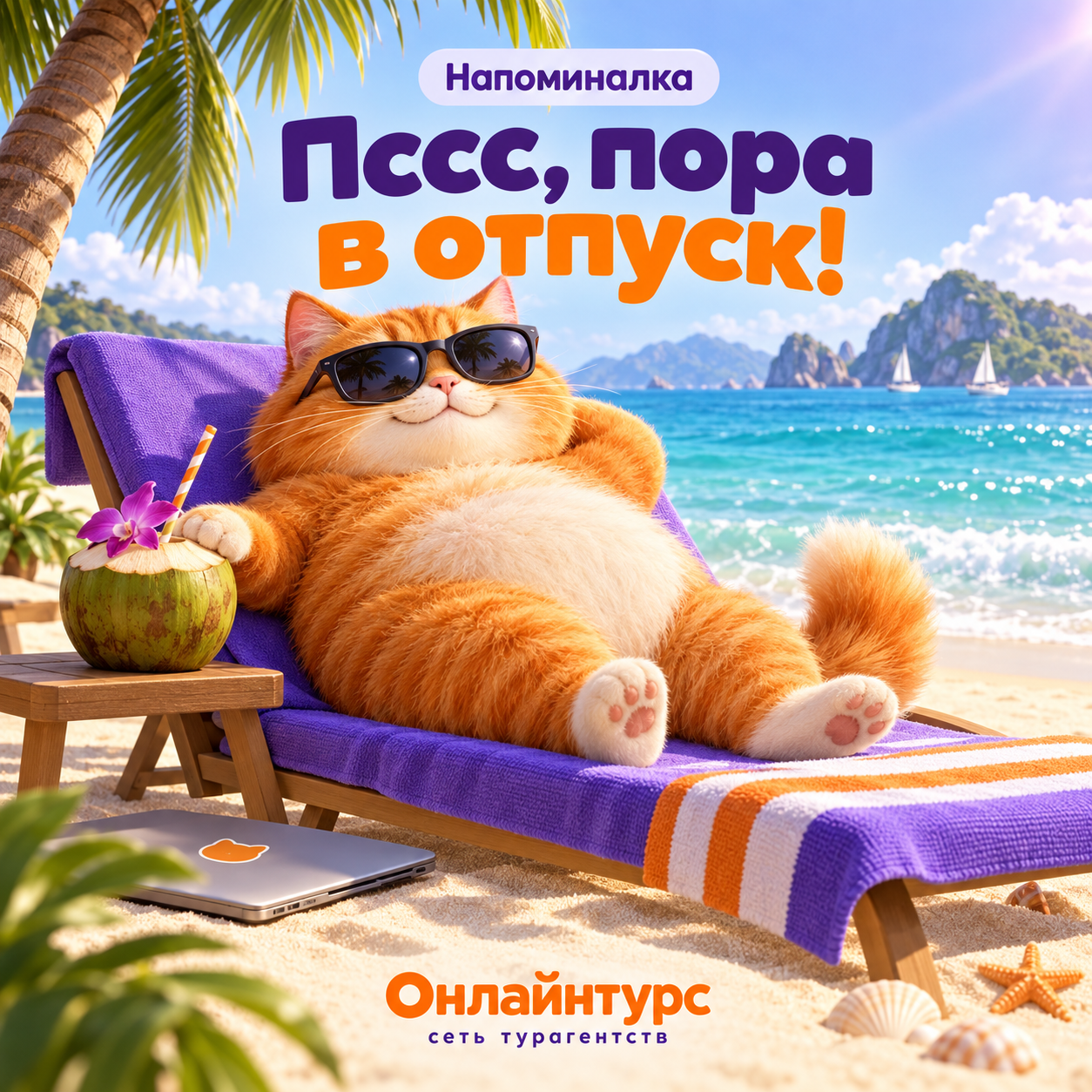 Рыжий котик в солнечных очках отдыхает на шезлонге у моря. Онлайнтурс.