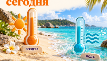 Обложка Онлайнтурс: солнечное море и термометры воздуха и воды.